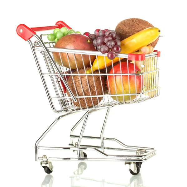 Fruit in een metalen trolley geïsoleerd op wit — Stockfoto