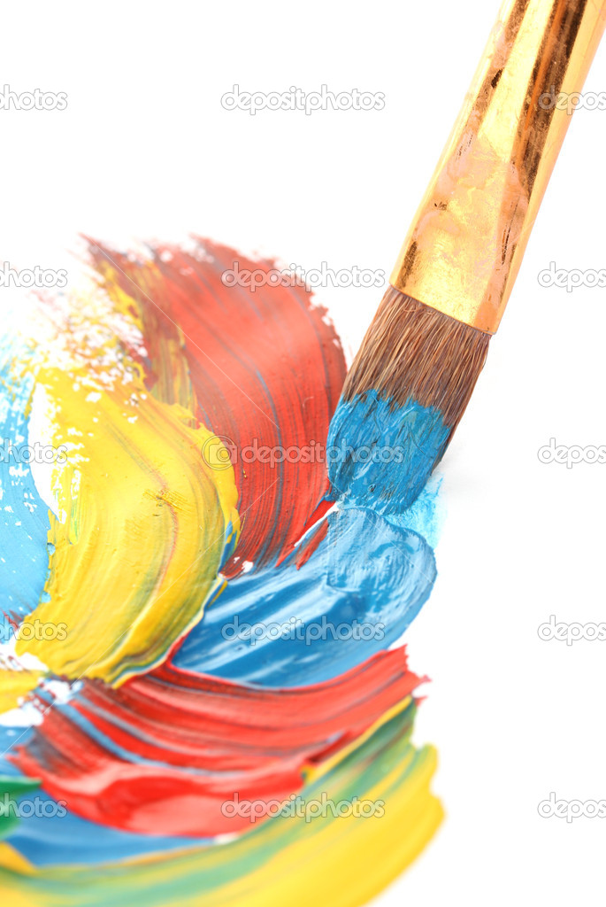 Abstract gouache paint and brush, isolated on white