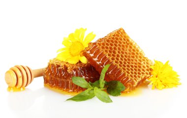 Nane ve üzerinde beyaz izole çiçeklerle tatlı peteğin