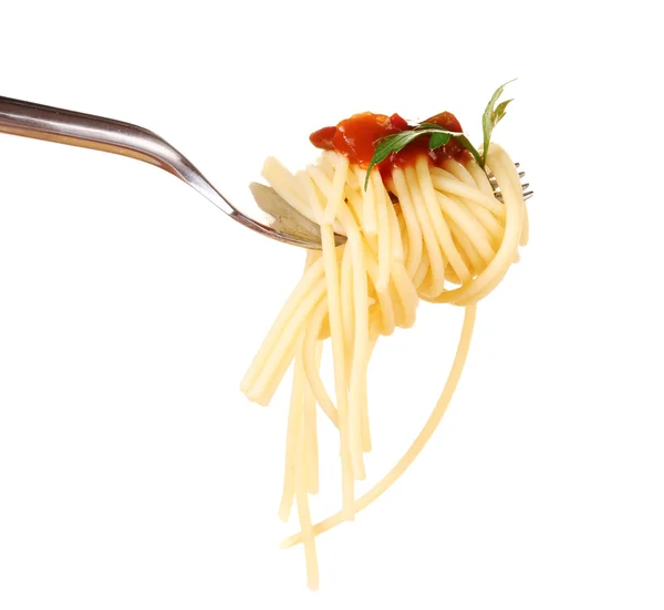 Heerlijke spaghetti op een close-up van de vork op witte achtergrond — Stockfoto