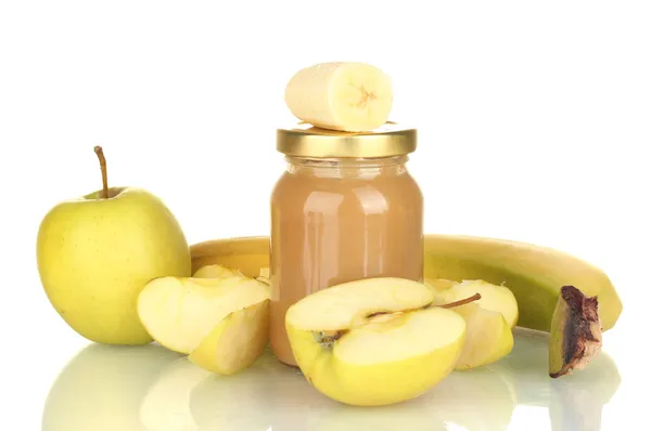 Jar with fruit baby food isolated on white — Stock Photo, Image