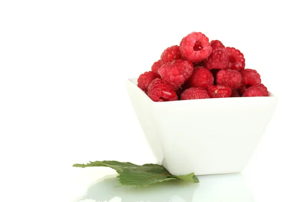 Fresh raspberries in white bowl isolated on white — Stock Photo, Image