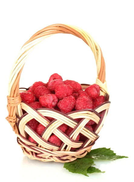 Fresh raspberries in wicker basket isolated on white — Stock Photo, Image