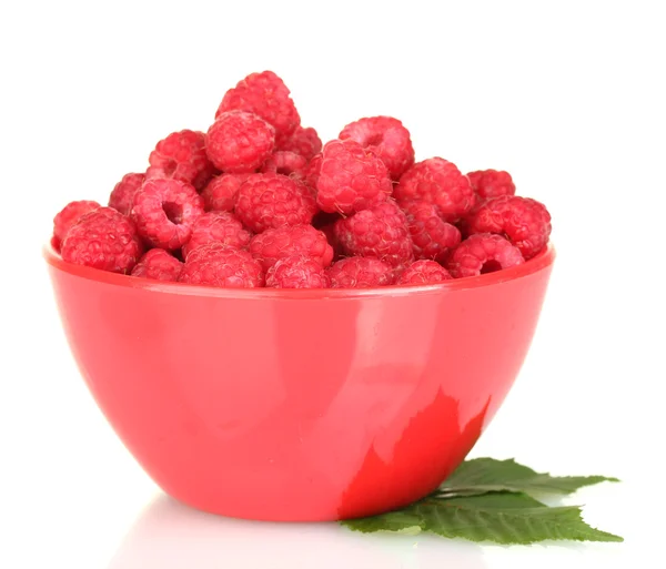 Fresh raspberries in colorful bowl isolated on white — Stock Photo, Image