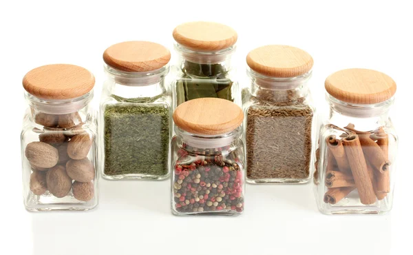 Powder spices in glass jars isolated on white — Stock Photo, Image