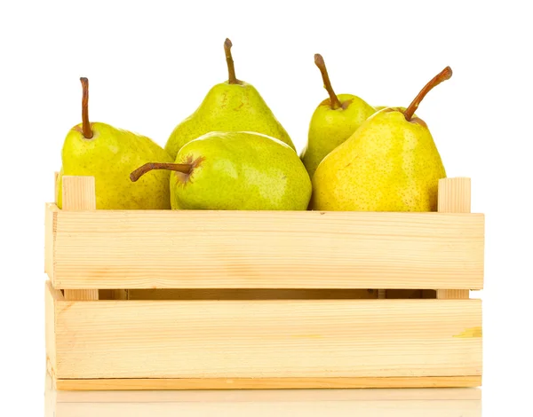 Ripe pears in wooden box isolated on white — Stock Photo, Image