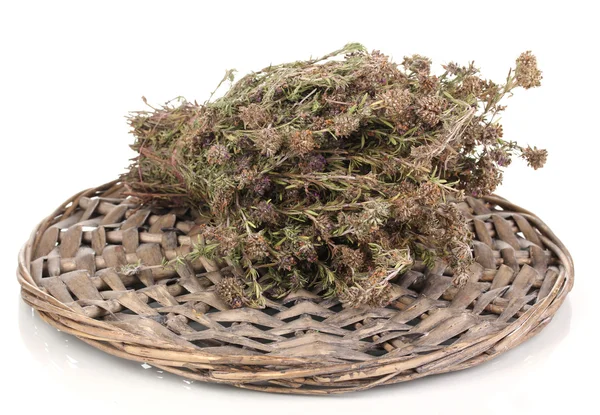 Thyme herb on wicker mat isolated on white — Stock Photo, Image