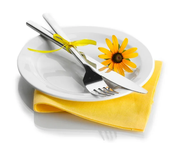 Spoon, fork and flower on plate, isolated on white — Stock Photo, Image