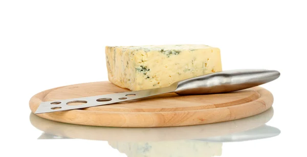 Cheese with mold and knife on the cutting board isolated on white backgroun — Stock Photo, Image