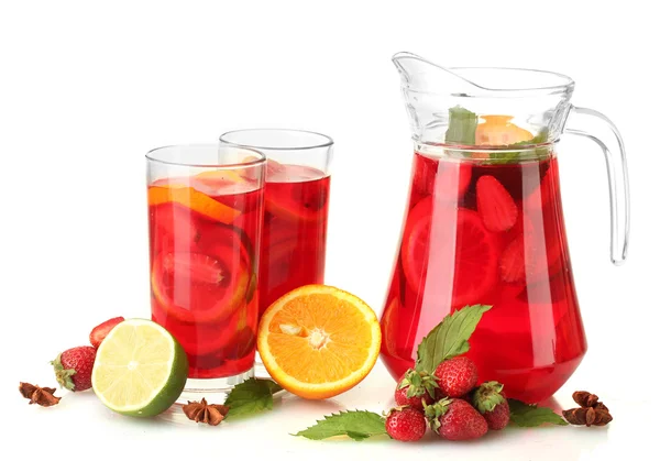 Sangria in jar and glasses with fruits, isolated on white — 스톡 사진