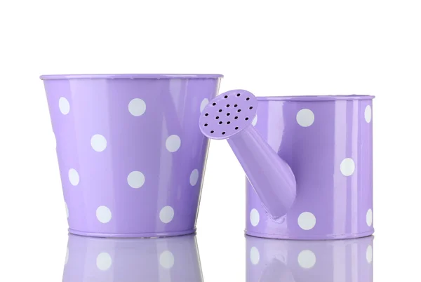 Purple watering can and bucket with white polka-dot isolated on white — Stock Photo, Image