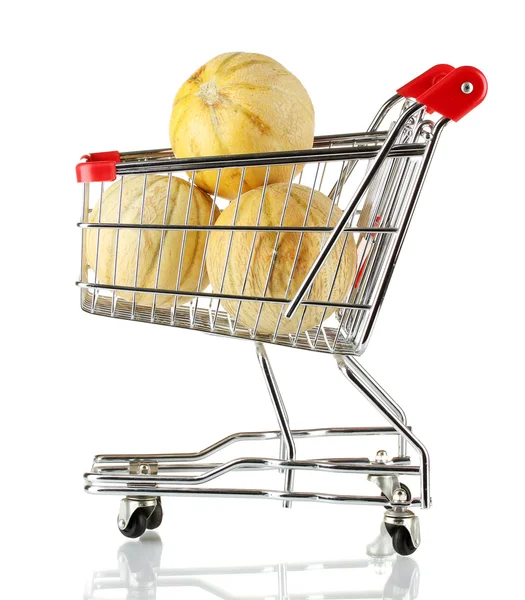 Sweet melons in metal trolley isolated on white — Stock Photo, Image