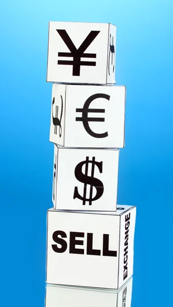 Devisen. Währung in den weißen Würfeln auf blauem Hintergrund — Stockfoto
