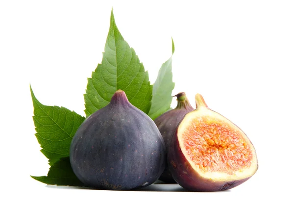 Ripe sweet figs with leaves isolated on white — Stock Photo, Image