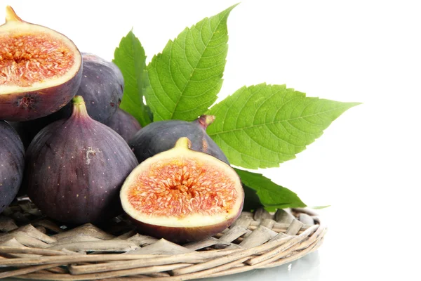 Ripe sweet figs with leaves isolated on white — Stock Photo, Image