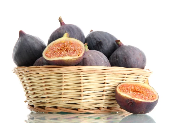 Ripe sweet figs in basket isolated on white — Stock Photo, Image