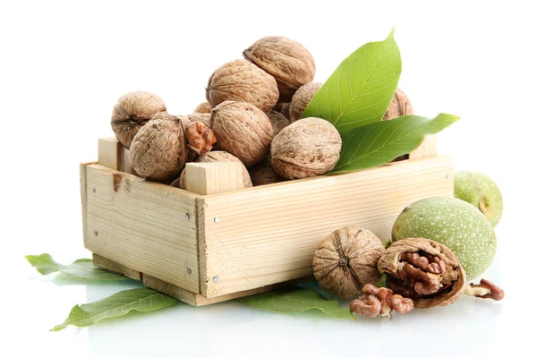 Nueces con hojas verdes en caja de madera, aisladas en blanco — Foto de Stock