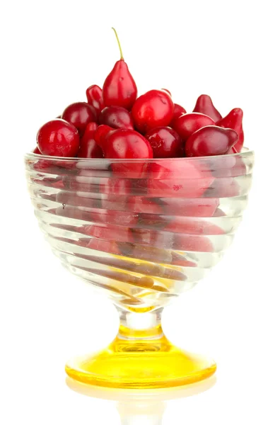 Fresh cornel berries in glass bowl isolated on white — Stock Photo, Image