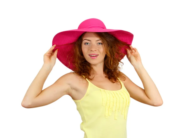 Smiling beautiful girl in beach hat isolated on white — Stock Photo, Image