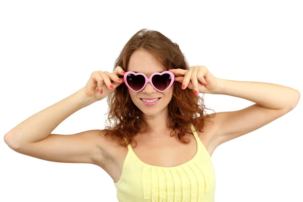 Χαμογελώντας όμορφο κορίτσι με τα γυαλιά που απομονώνονται σε λευκό — Φωτογραφία Αρχείου