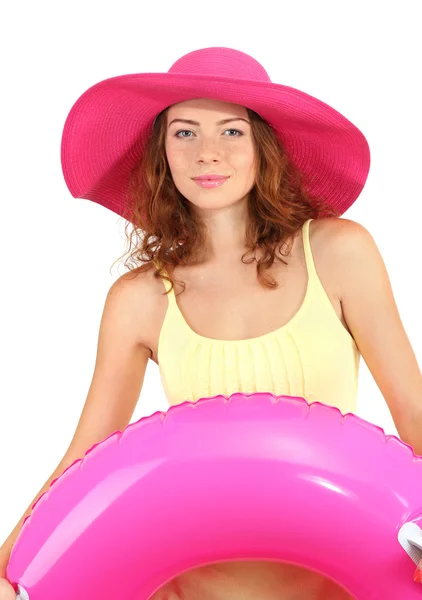 Smiling beautiful girl with beach hat and rubber ring isolated on white — Stock Photo, Image