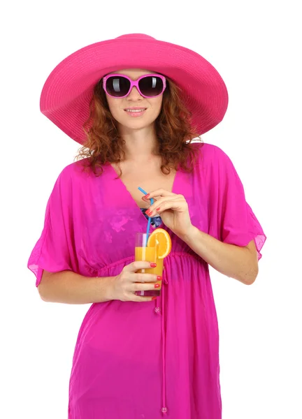 Hermosa chica con sombrero de playa y gafas aisladas en blanco — Foto de Stock