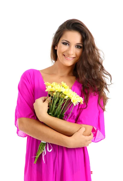 Krásná mladá dívka s květy na bílém pozadí — Stock fotografie