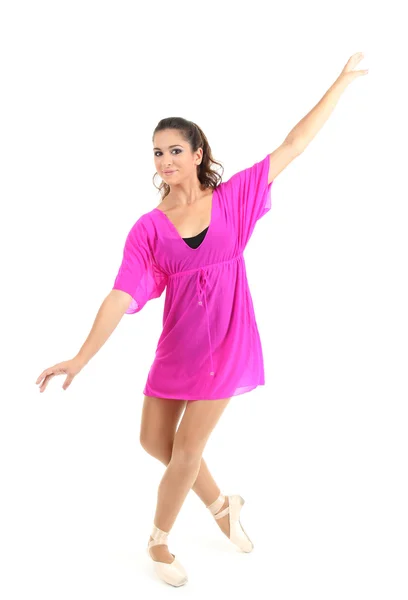 Hermosa bailarina joven en un vestido rosa aislado en blanco — Foto de Stock