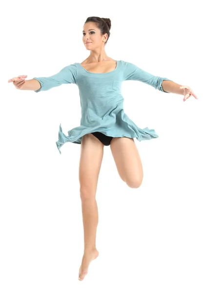 Young beautiful dancer in a blue dress isolated on white — Stock Photo, Image