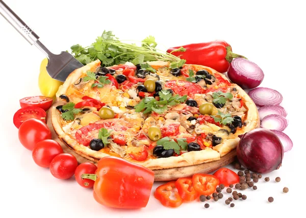 Delicious pizza with ingredients around isolated on white — Stock Photo, Image