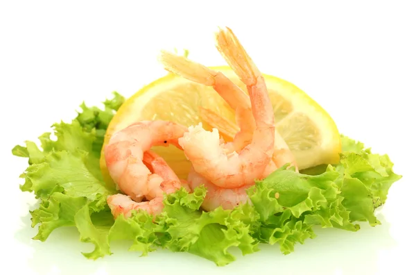 Boiled shrimps, lettuce leaf and lemon, isolated on white — Stock Photo, Image