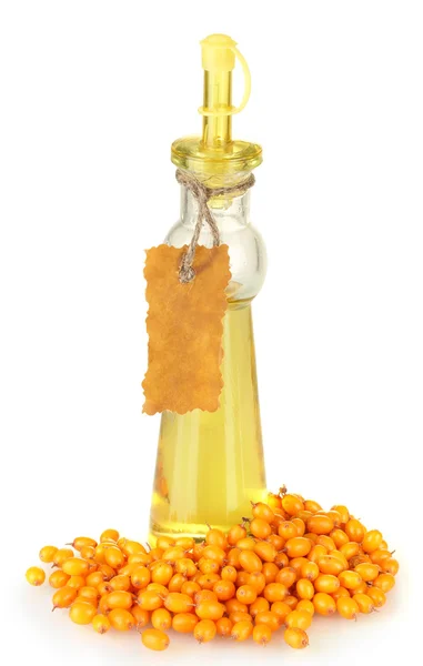 Decanter with sea buckthorn oil isolated on white — Stock Photo, Image