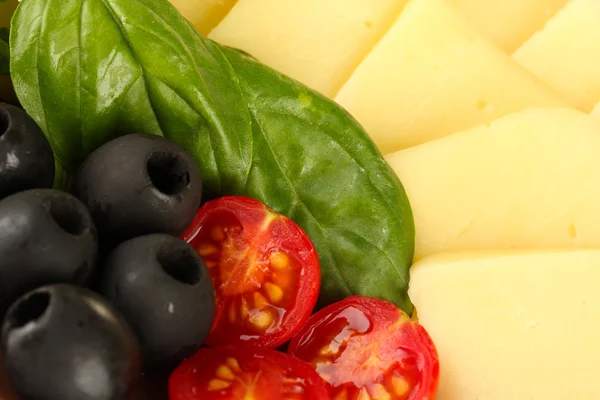 Plakjes mozzarella kaas met fruit close-up — Stockfoto