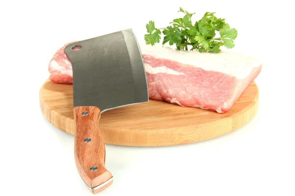 Varkensvlees met een geïsoleerd op wit vlees-bijl — Stockfoto