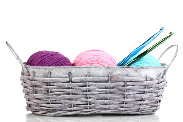 Bright threads for knitting in basket isolated on white — Stock Photo, Image