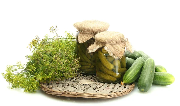 Fresh cucumbers, pickles and dill isolated on white — Stock Photo, Image