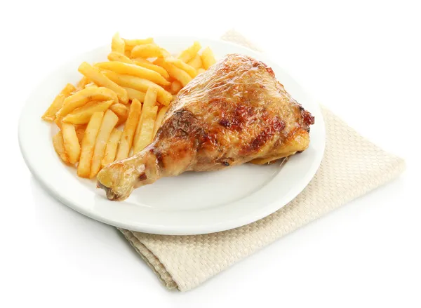 Roast chicken with french fries on plate, isolated on white — Stock Photo, Image