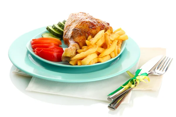 Roast chicken with french fries and vegetables on plate, isolated on white — Stock Photo, Image