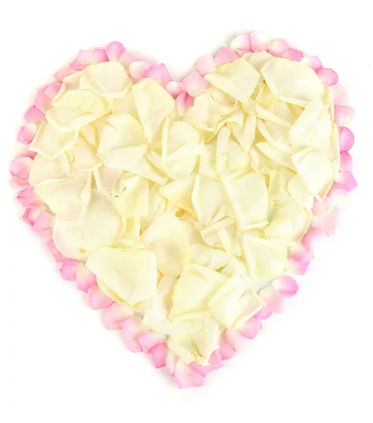 Excellent heart of white rose petals surrounded by pink petals isolated on white — Stock Photo, Image