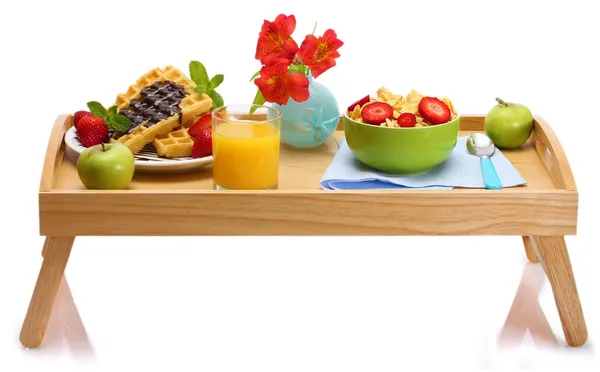 Light breakfast on wooden tray isolated on white — Stock Photo, Image