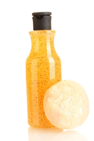 Flasche mit Peeling und Seife isoliert auf weiß — Stockfoto