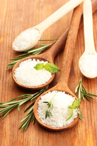 Sale in cucchiai con basilico fresco, timo e rosmarino isolato su bianco — Foto Stock