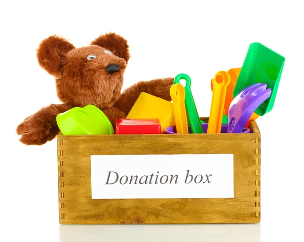 Donation box with children toys isolated on white — Stock Photo, Image