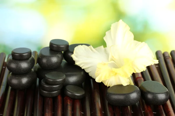 Pierres de spa avec bourgeon de gladiole sur tapis de bambou close-up — Photo
