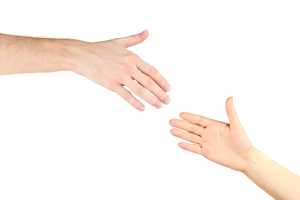 Vrouwenhand gaat naar de hand van de man op witte achtergrond — Stockfoto