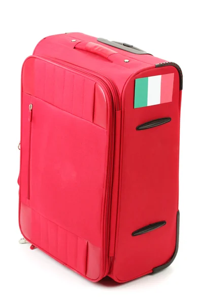 Red suitcase with sticker with flag of Italy isolated on white — Stock Photo, Image