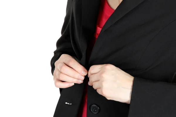 Women fastening black classic jacket — Stock Photo, Image