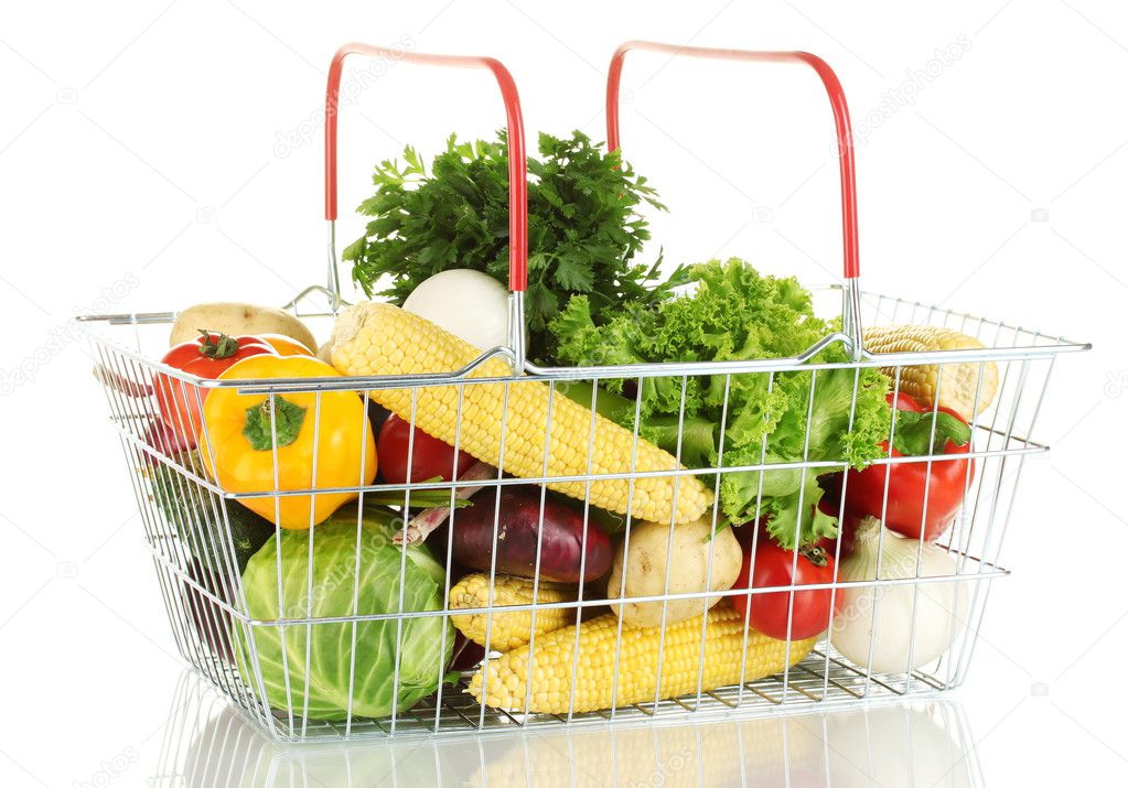 Fresh vegetables in metal basket isolated on white background