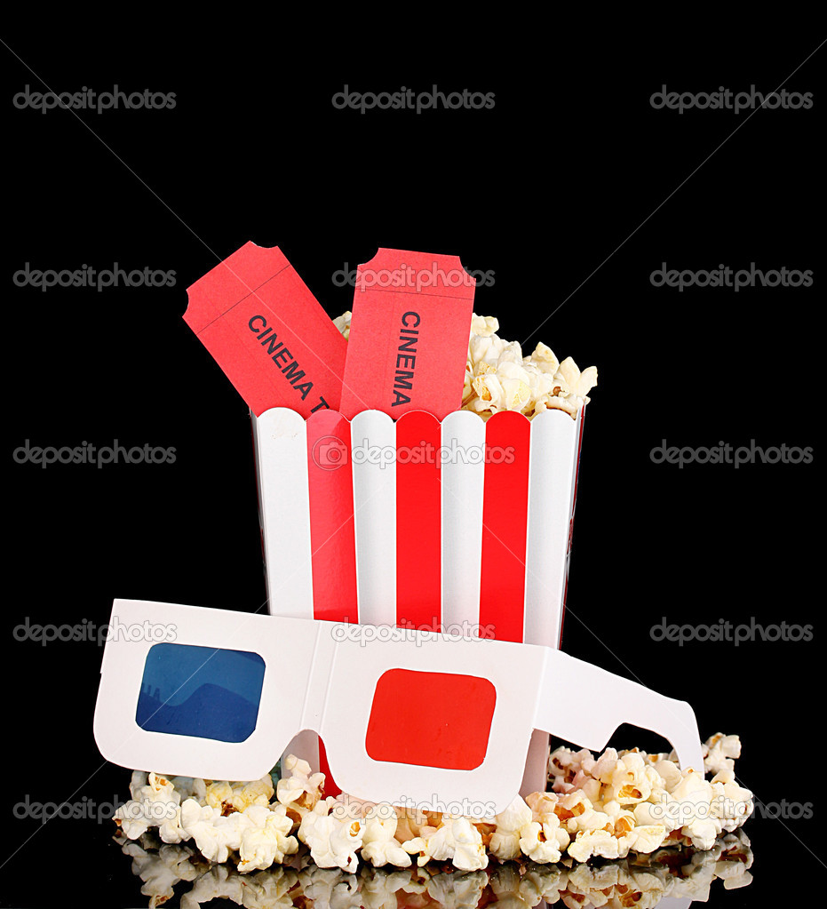 popcorn with glasses and tickets isolated on black