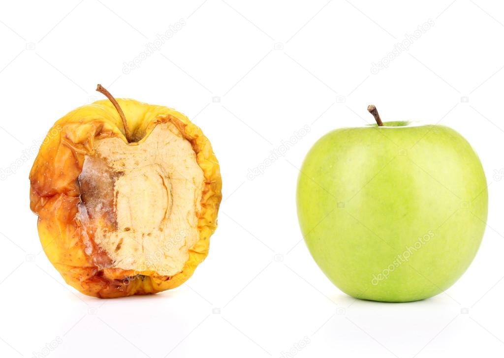 rotten apple and fresh apple as concept of skin problems, isolated on white